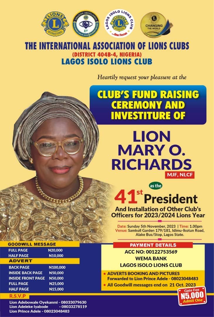 Lagos Isolo Lions Club Elects 41st President, Holds Fund Raising /Investiture Ceremony On Nov 5